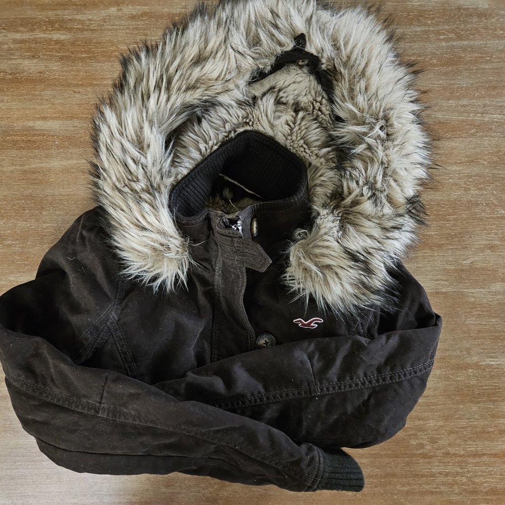 Y2K Vintage Hollister Womens Chocolate Brown Bomber Jacket with Faux Fur Hood XS - Picture 9 of 9
